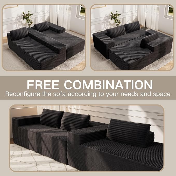 Kingdura 105.5'' Cloud Sectional Couch with L-Shape Chaise, Black Modern Modular Sofa with Deep Seat, Corduroy Fabric, No Assembly Required, Upholstered Couches for Living Room Bedroom