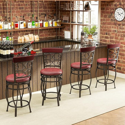 Giantex 26" Swivel Bar Stools Set of 4, Counter Height Bar Stools w/Back, Upholstered PU Leather Seat, Footrest, Max Load 330Lbs, Vintage Metal Barstools for Kitchen Island, Dining Room, Rustic Brown