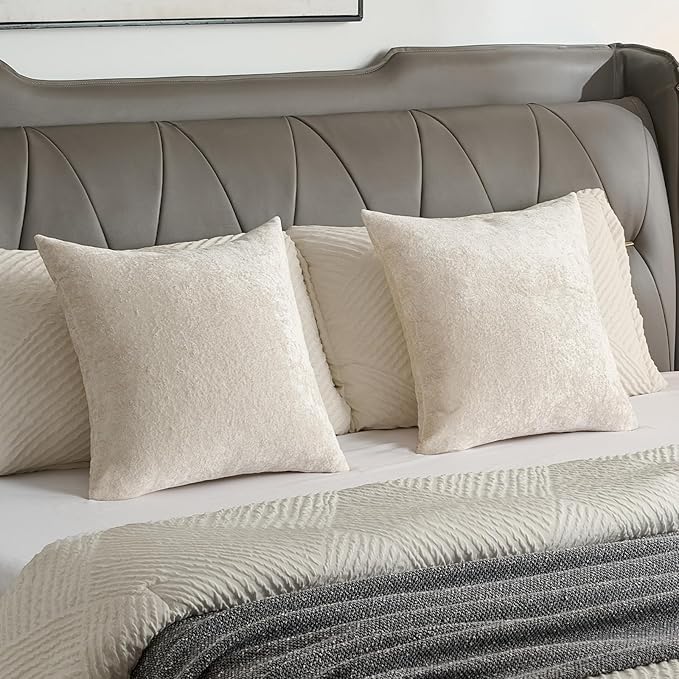 FUTEI Cream Flannel Throw Pillow Covers 16x16 Inch Set of 2,Soft Dimensional Textured Cushion Cases,Modern Home Decor for Couch Living Room