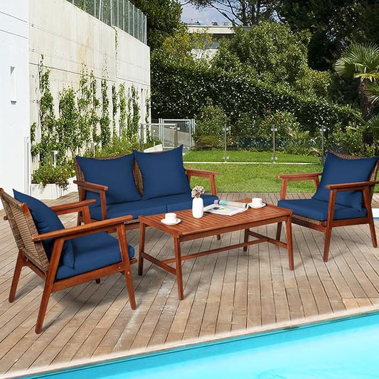 COSTWAY 4 Pieces Acacia Wood Patio Conversation Set, Outdoor Wicker Sofa with Coffee Table & Cushions, Patio Rattan Furniture Set for Yard, Porch, Poolside, Balcony, Backyard, Navy