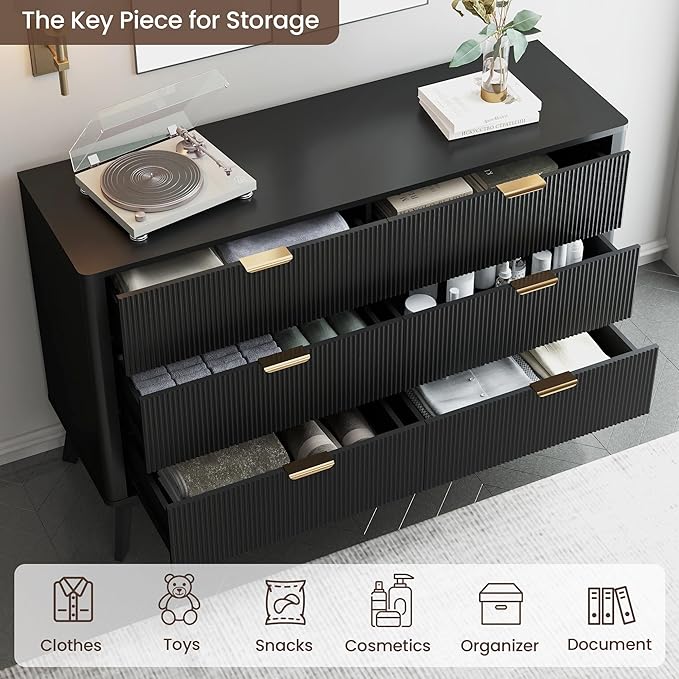 Fluted Dresser for Bedroom,49.6'' Modern Wooden Dresser with 6 Drawers, Bedroom Dressers, Natural Wood Chest of Drawers for Living Room, Hallway (Black)