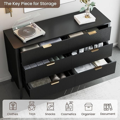 Fluted Dresser for Bedroom,49.6'' Modern Wooden Dresser with 6 Drawers, Bedroom Dressers, Natural Wood Chest of Drawers for Living Room, Hallway (Black)