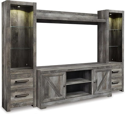 Signature Design by Ashley Wynnlow Rustic 4-Piece Entertainment Center for TVs up to 72" with LED Lighting and Adjustable Shelf, Gray