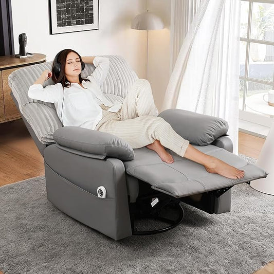 GRAINELL Swivel Rocker Recliner Chair with Massage and Heat, USB Charging Port, Infinite Position Power Recliner, Electric Glider Rocking Chairs for Living Room, Nursery (Grey)