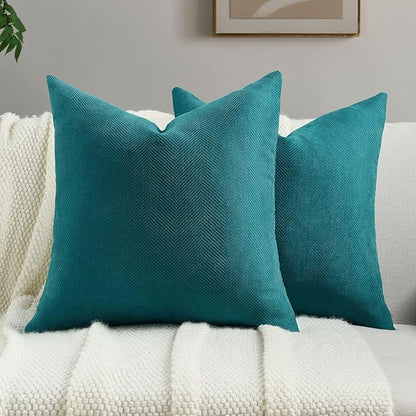 FUTEI Teal Chenille Throw Pillow Covers 18x18 Inch Set of 2,Soft Wide Chevron Textured Cushion Case,Farmhouse Home Decor for Couch Bed Living Room