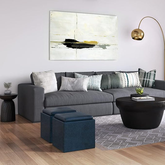 SIMPLIHOME Rockwood 18 inch Wide Contemporary Square Cube Storage Ottoman with Tray in Distressed Dark Blue Vegan Faux Leather, Assembled, For the Living Room, Entryway and Family Room