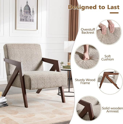Bonzy Home Mid-Century Modern Accent Chair Set of 2 with Solid Wood Frame, Upholstered Armchair for Bedroom & Living Room, Reading Side Chair with Soft Lien Fabric Cushion,Easy Assembly,Light Grey