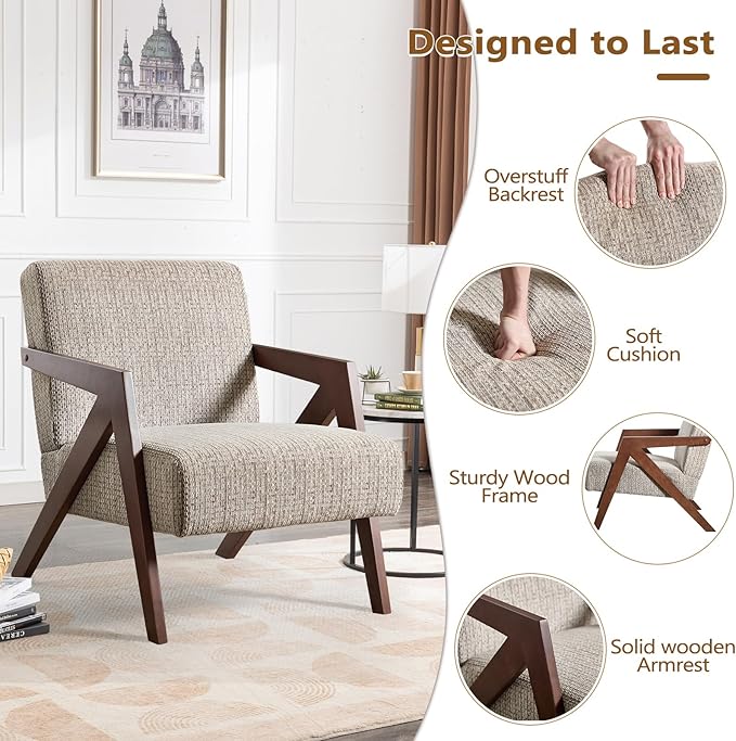 Bonzy Home Mid-Century Modern Accent Chair Set of 2 with Wood Frame, Upholstered Armchair for Bedroom & Living Room, Linen Fabric Cushion, Z-Shaped Armrest Design, Sturdy Lounge Chair,Brown