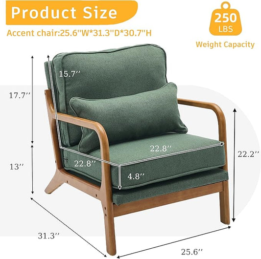 Mid-Century Accent Chair Set of 2,Linen Fabric Lounge Chair with Wide Armrest,Linen Fabric Armchair withLumbar Pillow & Solid Wood Frame for Living Room, Bedroom, Balcony(Green)