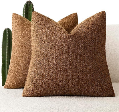 Foindtower Set of 2, Decorative Textured Boucle Throw Pillow Covers Accent Solid Pillow Cases Neutral Soft Cozy Couch Cushion Case for Chair Sofa Bedroom Living Room Home Decor 16x16 Inch Hazel Brown