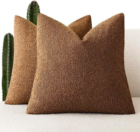 Foindtower Pack of 2 Textured Boucle Throw Pillow Covers Accent Solid Pillow Cases Cozy Soft Decorative Couch Cushion Case for Chair Sofa Bedroom Living Room Home Decor 18x18 Inch Hazel Brown