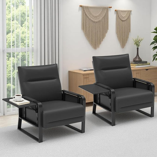 Upholstered Accent Chairs Set of 2, Modern Faux Leather Sofa Chairs with Foldable Side Tray Table & Storage Pocket, Small Accent Sofas for Living Room, Bedroom, Black