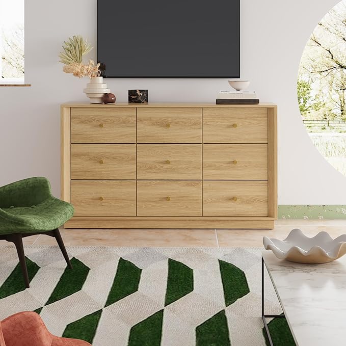 9 Drawer Dresser, Mid Century Modern Dresser with Storage, 55" Wide Chest of Drawers with Wood Grain Texture, Dressers TV Stand for Bedroom, Living Room, Hallway, Gold Oak