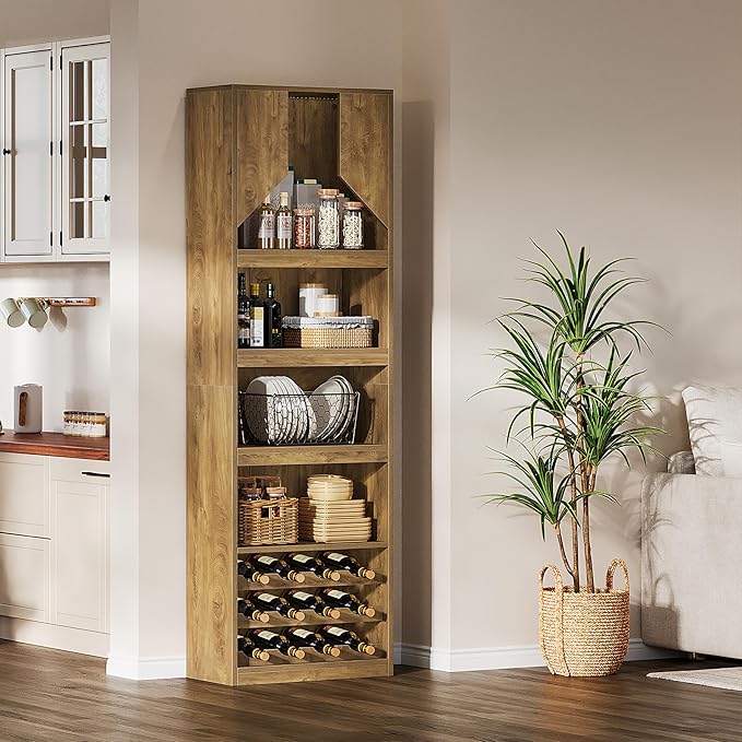 Tribesigns 86.6" Tall Wine Bar Cabinet with Stripe Light, Farmhouse Home Bar Liquor Cabinet with Wine Racks and Open Shelves for Kitchen Dining Living Room