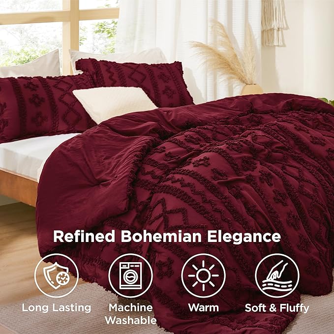 Bedsure Tufted Boho Comforter Set Twin Size - Dark Red Boho Bed Set, GentleSoft™ 2 Pieces Farmhouse Shabby Chic Embroidery Bedding, Gifts for Woman, Soft Jacquard Twin Comforter for All Seasons