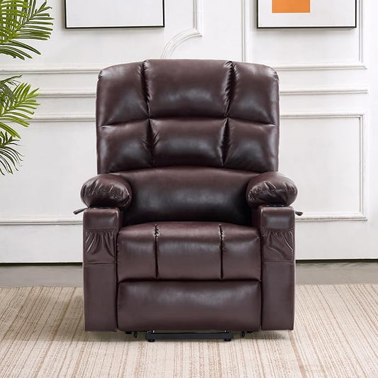 MCombo Medium Lay Flat Dual Motor Power Lift Recliner Chair Sofa with Massage and Heat for Elderly People, Infinite Position, Faux Leather 7679 (Dark Brown, Medium)