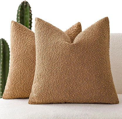 Foindtower Accent Solid Pillow Cases Textured Boucle Throw Pillow Covers Cozy Modern Decorative Couch Cushion Case for Chair Sofa Bed Living Room Home Decor, Pack of 2, 18 x 18 Inch,Tobacco