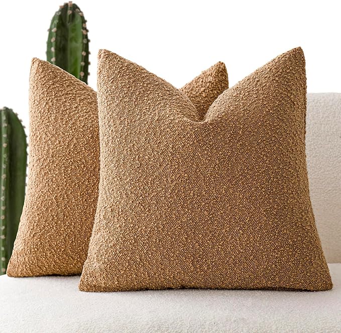 Foindtower Pack of 2 Textured Boucle Throw Pillow Covers Accent Solid Pillow Cases Cozy Soft Decorative Couch Cushion Case for Chair Sofa Bedroom Living Room Home Decor, 20 x 20 Inch,Rust Tobacco