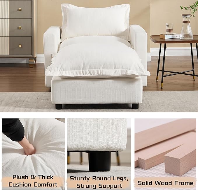 chairus 39.5" Chaise Lounge Chair Indoor with Ottoman, Upholstered Single Sofa Couch Chair Oversized Linen Reading Armchair for Living Room, Bedroom, Reception Room, Apartment, White