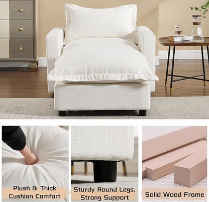 chairus 39.5" Chaise Lounge Chair Indoor with Ottoman, Upholstered Single Sofa Couch Chair Oversized Linen Reading Armchair for Living Room, Bedroom, Reception Room, Apartment, White