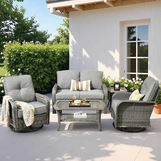 5 PCS Patio Outdoor Furniture Set with Swivel Rocking Chairs,All Weather Wicker Rattan Patio Seating Sofa and Chairs Set,Outdoor Conversaiton Sets for Deck Yard Prrch Garden Poolside,Dark Grey