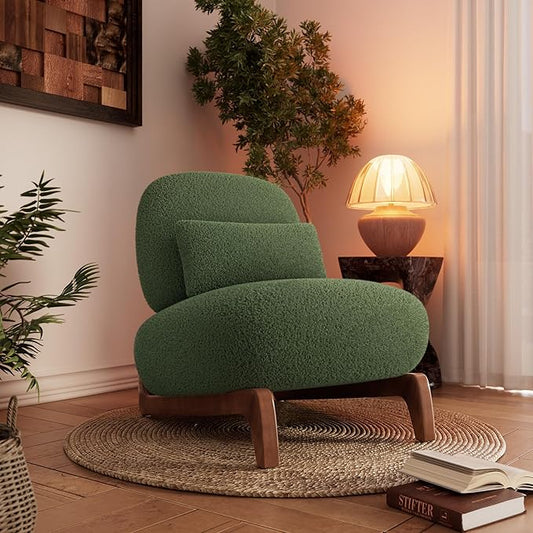 Morden Fort Sherpa Boucle Chair Single, Tilted Modern Wood Sofa Chair with Thick Cushion Comfortable Lumbar Pillow Armless Reading Accent Chairs Compatible with Sofa Set Couch for Living Room, Green