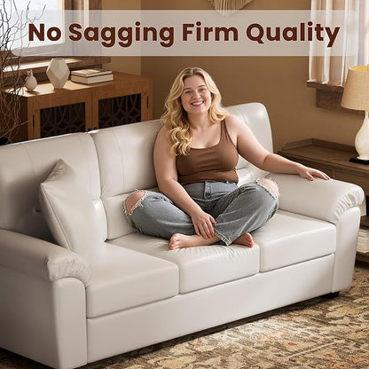 Morden Fort Faux Leather Loveseat, Modern Luxury Furniture with Removable and Easy to Clean Cushions, Skin-Friendly Wide Arm Leather Loveseat for Living Room Apartment Office Lounge, White
