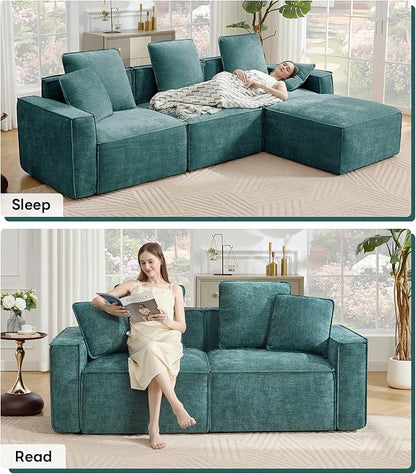 WILLOVE Modular Sectional Sofa Set, Chenille Cloud Couch with Wide Armrests & 8 Pillows, Deep Seat Couches for Living Room, 4-Seater Green