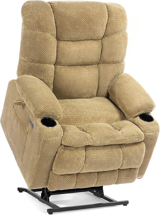 EONIX Wide Power Lift Recliner Chair for Elderly, 400lbs Heavy Duty Oversized Lift Chair with Heat and Massage, Lay Flat Power Lift Recliner with Cup Holders and Charging Ports, Beige