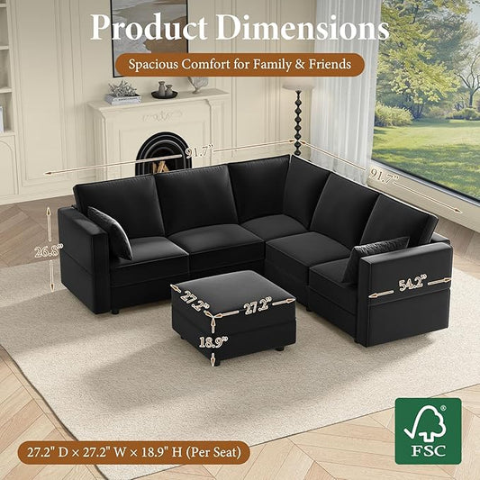 Vesgantti Sectional Couches with Storage Seats, 92" L Shaped Convertible Modular Sectional Sofa, 5 Seat & 1 Ottoman Velvet Storage Chaises Deep Seat Couch for Living Room, Bedroom, Apartment, Black