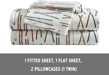 Eddie Bauer - Twin Sheets, Cotton Flannel Bedding Set, Brushed For Extra Softness, Cozy Home Decor (Ski Line White, Twin)