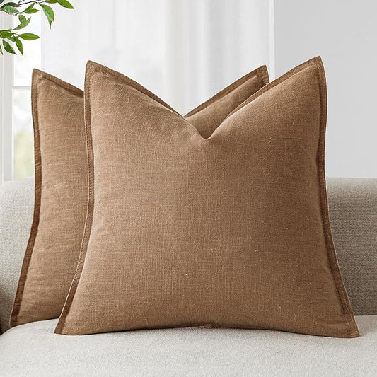 Foindtower Pack of 2, Decorative Linen Soild Throw Pillow Covers Soft Accent Cushion Case Boho Farmhouse Pillowcase for Chair Couch Sofa Bedroom Living Room Home Decor 26 x 26 Inch Light Khaki Brown