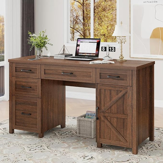 Farmhouse 61'' Executive Desk with 5 Drawers, Rustic Office Desk Computer Desk with Charging Station, File Drawers and Storage Cabinet, Wood Workstation for Study and Home Office, Red-Brown.