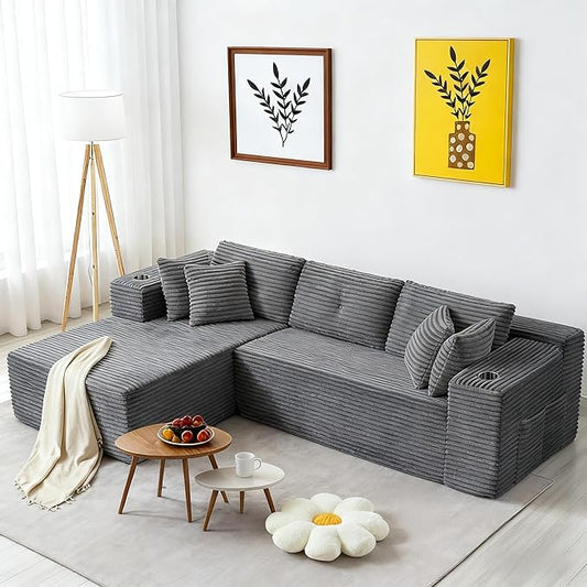 Modular Sectional Sofa, L Shaped Comfy Cloud Couch with Deep Seat, Boneless Couch for Living Room, Modern Corduroy Sectional Sofa with Chaise, No Assembly Required, Sofa in A Box, Dark Gray