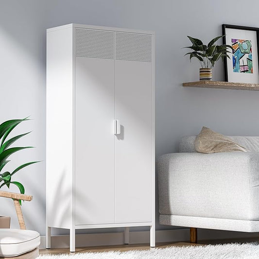 Metal Storage Cabinet with Adjustable Shelves, White, 61''H x 27.56''W 13.78''D, for Kitchen, Laundry Room, Home Office, Kids Room