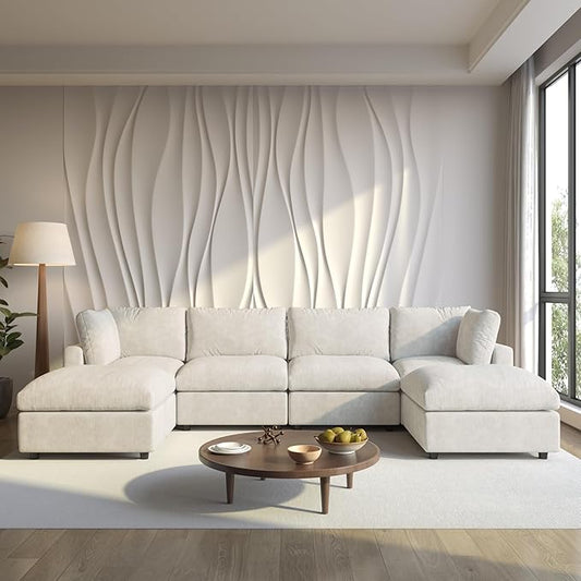 WJShome Cloud Couch Modular Sectional Sofa, 134" U Shaped Couch for Livingroom, Oversized Convertible Wide Seater with 2 Ottomans Living Room Set, Covers Washable&Replaceable,Beige