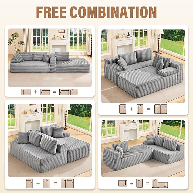 Hobestluk Modular Sectional Couch Sofa, 108" Boneless Couches for Living Room, Memory Foam Sectional Couch with Oversized Chaise,L-Shape Couches (Grey, Right Facing)
