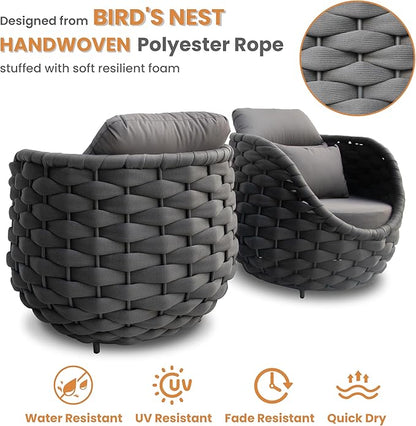 Front Porch Furniture 5 Piece Set: Aluminum Woven Rope Patio Conversation Sofa Set - Assembled Accent Chair Cushioned - Outdoor Armchair Couch Set for 400 lbs Deck Backyard Poolside Garden Hotel