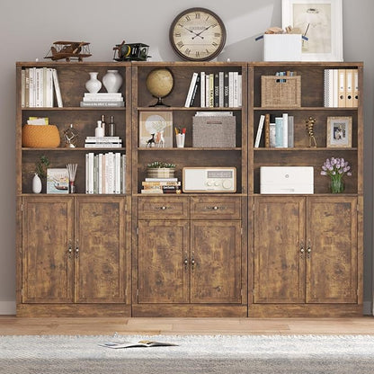 72'' Tall Bookcase with Doors, Adjustable Shelves, P2 MDF Construction, 32'' Wide Freestanding Cabinet with Metal Handles, Hidden Storage for Living Room, Bedroom, Brown