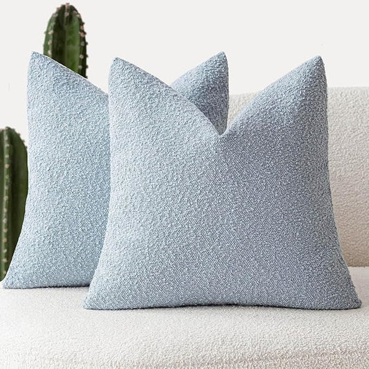 Foindtower Set of 2, Decorative Textured Boucle Throw Pillow Covers Accent Solid Pillow Cases Neutral Soft Cozy Couch Cushion Case for Chair Sofa Bedroom Living Room Home Decor 16 x 16 Inch Light Blue