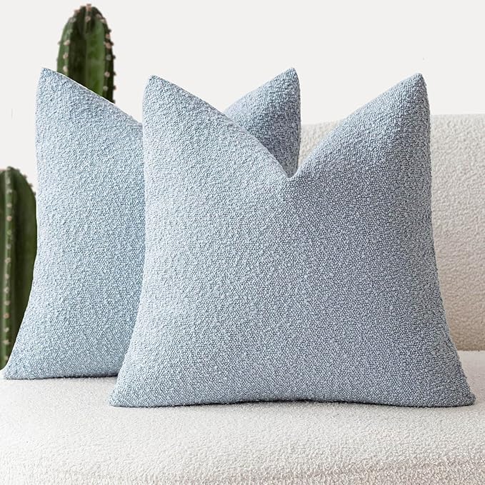 Foindtower Pack of 2 Modern Textured Boucle Throw Pillow Covers Accent Solid Decorative Pillow Cases Cozy Woven Couch Cushion Case for Chair Sofa Bed Living Room Home Decor, 20 x 20 Inch, Light Blue
