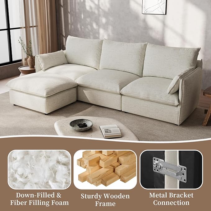 Waterproof Cloud Sectional Couches,High Backrest Down Filled Sofa for Living Room,Modular Sofas 2 Seater with Ottoman,Detachable Couch Covers,Cream White