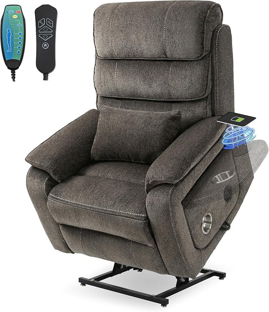 Lift Chair Lay Flat Recliner Heat Massage Dual Motor Infinite Position Power Recliners with Left Side Tray Table-Wireless Charger,Cup Holder (Dark Grey Chenille Fabric)