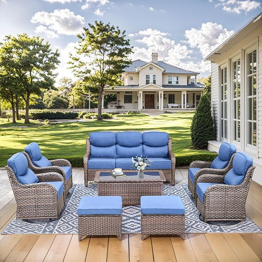 HUMMUH 8 Pieces Wicker Patio Furniture Set with Patio Swivel Chairs Set of 4,High Back Outdoor Sofa Coffee Table Ottomans,6 Inch Thick Cushions Outdoor Conversation Set for Porch, Balcony, Deck