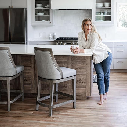 Maven Lane Vienna Counter Stools 26 Inches – Set of 4 – Swivel Stools with Footrests – Grey Solid Wood and Grey Fabric Upholstery – Ideal for Kitchen Islands and Counters