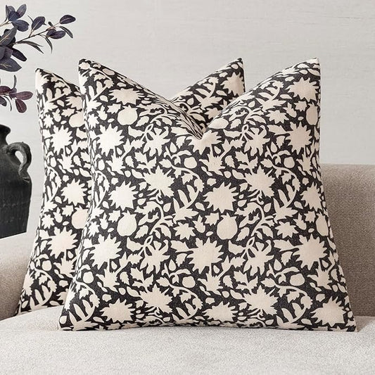Foindtower Set of 2 Decorative Neutral Floral Throw Pillow Covers Accent Farmhouse Cushion Covers Boho Vintage Pillowcase for Couch Sofa Bedroom Living Room Home Decor22×22 Inch,Black