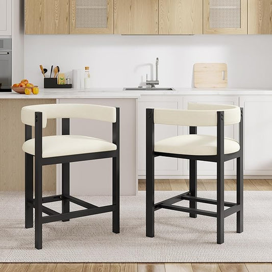 Christopher Knight Home Set of 2 Rylan Modern U-shape Fabric Upholstered Dining Room Counter Height Barstools,Kitchen Island Rubberwood Counter Stool,Armchair with Footrest+Curved Backrest,Beige+Black
