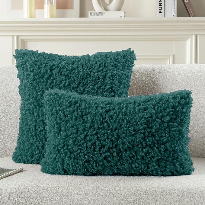 FUTEI Teal Decorative Throw Pillow Covers 20x20 Inch Set of 2,Soft Fluffy Faux Wool Fur Boucle Textured Cushion Case,Modern Home Decor for Couch Bed Living Room Office