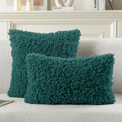 FUTEI Teal Decorative Throw Pillow Covers 12x20 Inch Set of 2,Soft Fluffy Faux Wool Fur Boucle Textured Lumbar Pillow Case,Modern Home Decor for Couch Bed Living Room Office