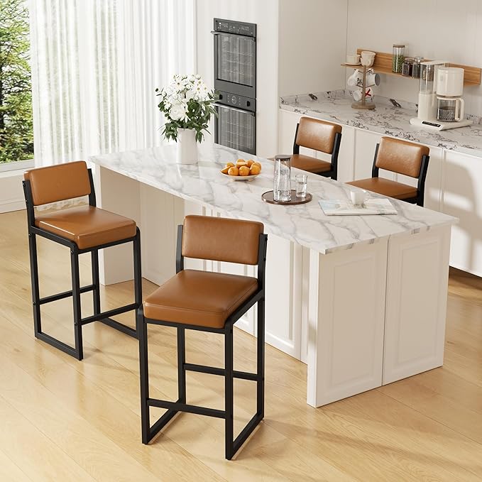 Bar Stools Set of 6, Faux Leather Counter Height Bar Stools with High Back and Metal Legs, Upholstered Bar Chairs, 26" Modern Barstools for Kitchen Island, Caramel